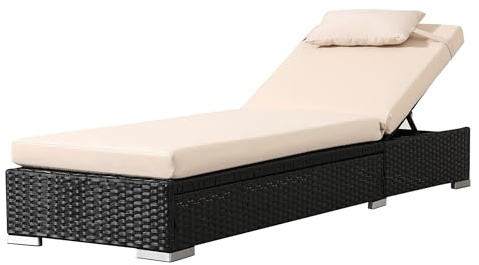 Arebos Sonnenliege Polyrattan mit 5-Fach höhenverstellbare Rückenlehne | Gartenliege mit Auflage | Relaxliege belastbar bis 160 kg | Garten Balkon Outdoor Liege 184 x 60 x 21 cm | Schwarz