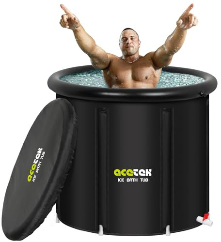 acetek Eisbad Tonne für Athleten mit Abdeckung 90cm，477L tragbares Ice Bath tub für Kryotherapie，Faltbare Eisbad Badewanne für Sportler Freistehende，Mobile Badewanne Eisfass für Outdoor den Innen