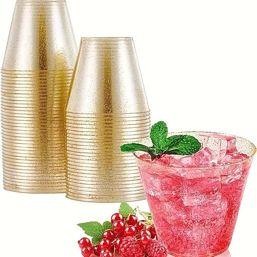 25-Pack 9 OZ 270 ml Imitation verre réutilisable Gobelets à eau Verres à vin Tasses à dessert Pour Cocktail,Martini Idéal pour les fêtes,les événements et l'utilisation quotidienne(paillettes d'or)