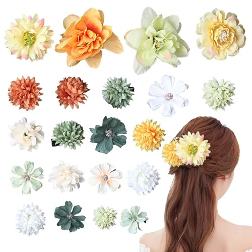 Fermaglio per capelli a fiori, 21 pezzi, multicolore, con fiori artificiali, per feste, spiaggia, matrimoni, decorazioni per eventi (giallo-verde)