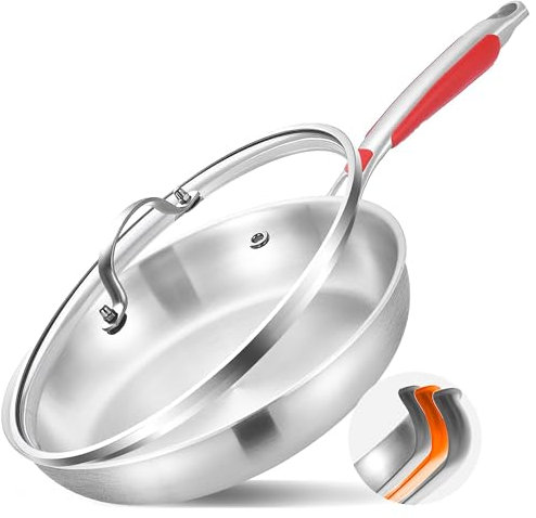 Inqibee 26 CM Tri-Ply Stainless Steel Frying Pan with Lid,Detachable Large Ergonomic Handle,Compatible with Induction Stove,Even Heating and Oven Safe