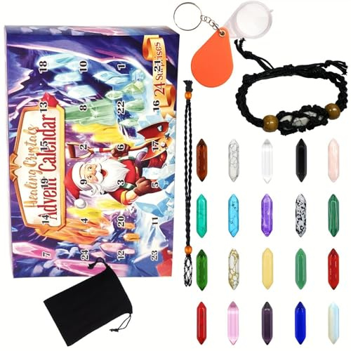 Crystals Adventskalender – 2024 Strumpffüller, Sammlerstücke, Countdown-Kalendersteine, Weihnachts-Countdown-Spielset mit Lupe, Aufbewahrungstasche für Kristall-Liebhaber