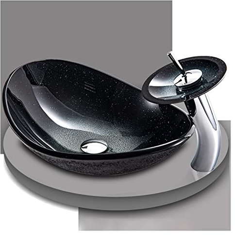 DLAZUM Schwarzes, ovales Waschbecken in Bootsform mit Farbverlauf, künstlerisches Glaswaschbecken für Badezimmer über der Theke, mit Befestigungsring (A)