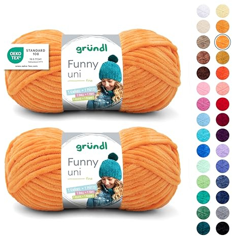 Gründl Wolle Funny uni Chenille Wolle 2 Knäuel 100 g, Gelb | dicke weiche Chenille Wolle zum Häkeln - Kuschelig und hautfreundlich - 100 % Polyester - 100 g / 120 m - Nadelstärke 5 - 6