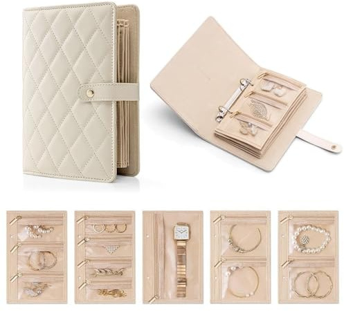 Lsydgn Schmuckaufbewahrung Reise Klein, Schmuckkästchen Reise, Schmuckaufbewahrung Reise Beige, Schmuckkästchen Personalisiert Mit 5 Schmuckbeutel,Für Ohrringe,Ketten,Geschenk Für Frauen Zur Hochzeit
