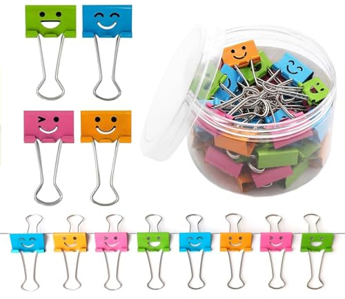 40 pinzas plegables de 19 mm, pinzas plegables, pinzas de papel, con bonitos clips sonrientes, colores surtidos, pinzas para documentos, para artículos de oficina, notas y pinzas para especias.