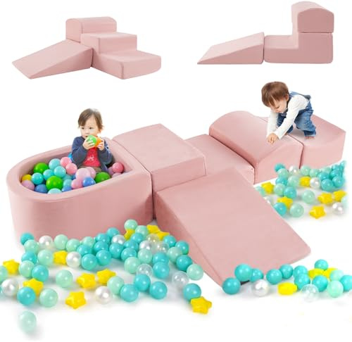 COSTWAY 5PCS Parcours Motricité Bébé en Mousse avec Piscine à Balles, Module Motricité Bébé avec Housse Lavable & Amovible, Jouets Éducatifs pour Ramper pour Enfants d'Âge Préscolaire, sans Balles