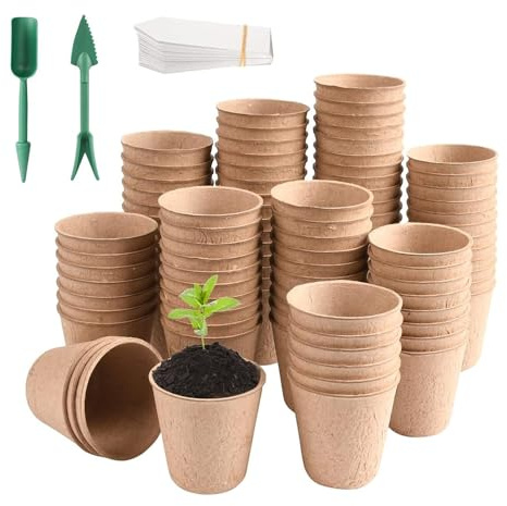 LUFEIS 100 Pack 8cm Biodegradable Plant Pots, Fibre Plant Pots for Seedlings with 100 Pcs White Plastic Labels and 2 Pcs Seedling Lifters, Paper Seedling Pots for Growing Vegetables, Flowers, Herb