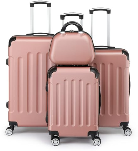 LEADZM Kofferset 4 teilig, Reisekoffer Set mit Kosmetikkoffer und Eckenschutz, Koffer Set Hartschalen-Trolley aus ABS mit Teleskopgriff, Handgepäck (Roségold)