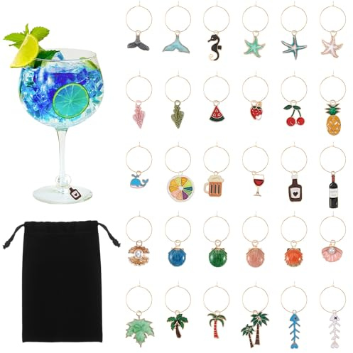 BOHUIZ 30 Stück Weinglas Anhänger Charms, Ozean Thema Glasmarkierer Glasmarker mit Aufbewahrungstasche Glas Markierung Trinkgläser für Party Weinglas Wein Cocktail Champagner