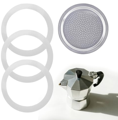 Gasket for 6 Cup Espresso Maker, Replacement Food Grade Gasket Seal Silicone with Aluminum Filter, 1 Filter and 3 Silicone Gaskets for Aluminium Moka Pot and Stovetop Espresso Coffee Maker (6 Cup)