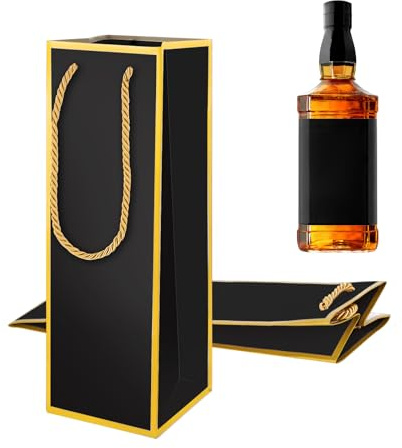 Lot de 2 sacs cadeaux de vin avec poignée - 10 x 10 x 28 cm - Réutilisables - Avec impression feuille d'or - Pour fête, mariage, célébration - Petits sacs à vin avec poignée - Noir