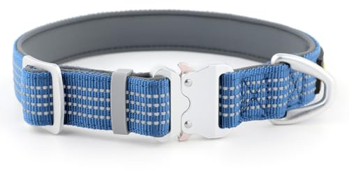 Plutus Reflekterande hundhalsband för husdjur med luftfartsaluminiumspänne, neoprenvadderad för komfort, lätt, slitstarkt nylonhalsband för valp små medelstora hundar (blå, L)