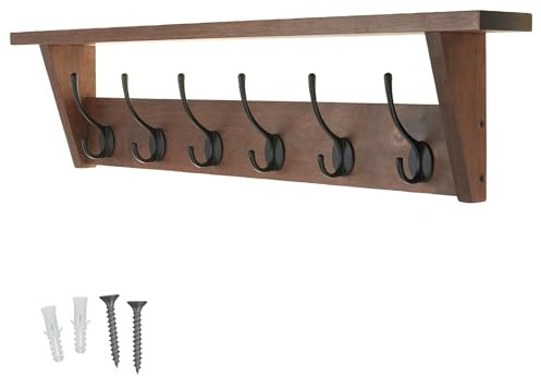 keypak Victorian Oak Coat Rack Shelf Combo 6 Black Hooks - 80cm Coat Rack Rustic Wall Mounted Coat Rack Shelf for Hallway, Bedroom, Kitchen, Bathroom