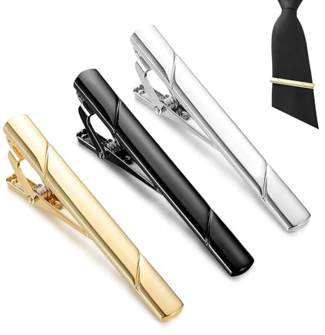 3 Pack Tie Clips for Men – Classic Metal Tie Bar Set in Gold, Silver, Black – Copper Tie Pins for Business, Wedding, Formal Wear – Stylish Necktie Clips Gift for Men