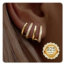 Adramata Boucles d'Oreilles Argent 925 pour Femme Plaquée Or 14 Carats Double Creoles Or/Argent 4 Broches Wrap Boucles d'Oreilles Piercings Oreille Helix Tragus Piercing Bijoux