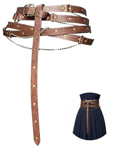 YOFAPA Set aus braunen Leder-Körperketten, Metallnieten-Taillenkette, mittelalterliche Accessoires für Frauen für Steampunk-Cosplay