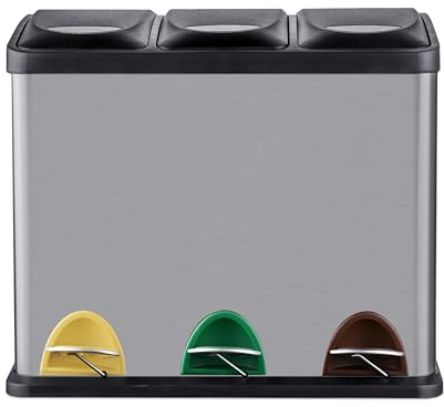 Relaxdays Mülleimer, 3 Fächer, 24 L, Fußpedal, Inneneimer, Silber | Mülltrenner Küche, HBT 39,5 x 46 x 26,5 cm, Edelstahl
