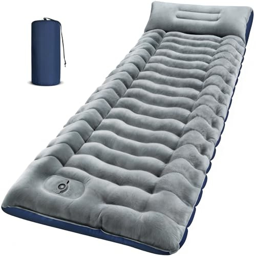 FUN PAC Camping Sleeping Pad, 9.2R-Value Ultralight Inflatable Air Mattress Built-in Foot Pump, Compact & Waterproof for Backpacking, Hiking, Travel - Upgraded Fleece-Lined Version Grey