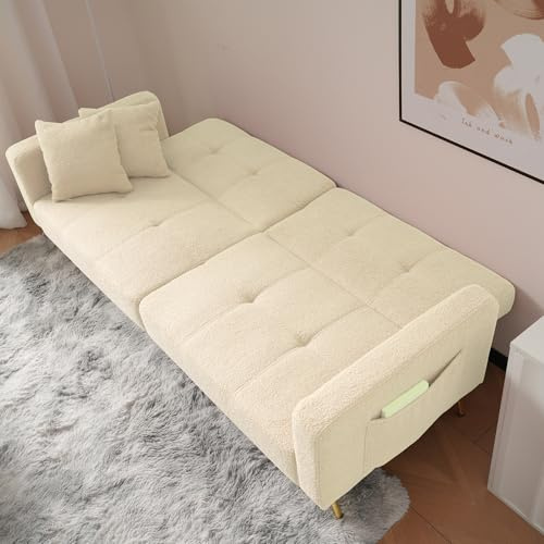 OKMYHOME Sofa, rechts, ausklappbar, 2-Sitzer – seitliche Aufbewahrung, verstellbare Neigung, Sherpa-Stoff – Beige