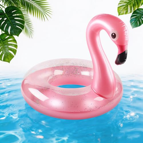 Yisscen Anello da nuoto gonfiabile, con fenicottero, 90 cm, con glitter rosa, per piscina, per feste estive, adulti, bambini