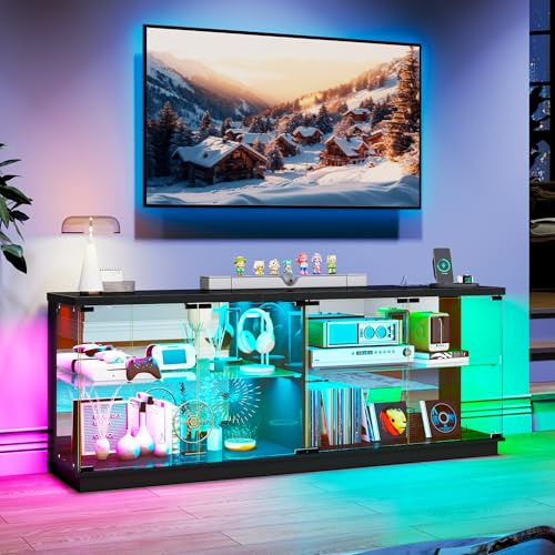 2-Lagen Holz Glasvitrine LED Beleuchtung und Glastüren für Wohnzimmer | Glas Vitrinenschrank,TV Schrank mit Intelligente Sensorik,Schwarz