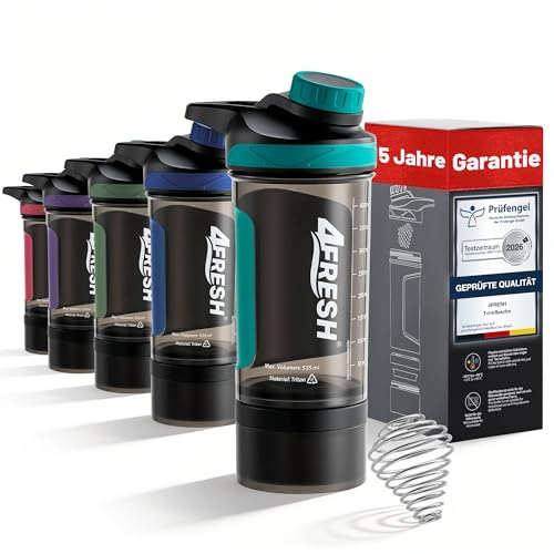 4FRESH Shaker Protéiné 500 ml en Tritan, Sans BPA avec Échelle et Fermeture Magnétique, Shaker Premium avec Mélangeur Spirale et Boîte de Rangement pour Poudre et Gélules, Idéal Fitness et Gym