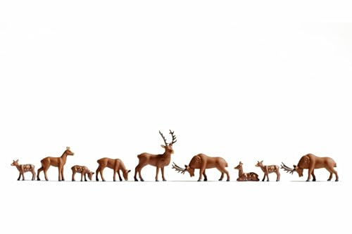 NOCH Hirsche, handkolorierte Modellfiguren aus Kunststoff, Set mit 9 Figuren für Spur N, ideal für Waldszenen