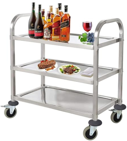 HAHAHA AH Carrello di Servizio da Cucina con 4 Ruote, Carrello Portavivande scaffale in Acciaio Inox a 3 Ripiani, Argento, 72 x 40 x 82 cm