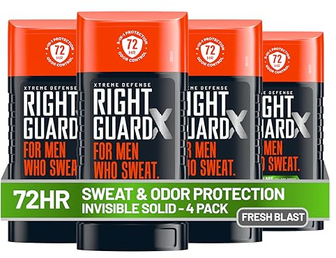 Right Guard Xtreme Defense Invisible Solid Antiperspirant Deodorant, Fresh Blast Scent - 5-in-1 Deodorant Men Can Trust, 72-Hour Odor Control, 2.6 oz (4 Pack)