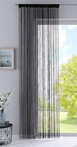 Fadengardine, HxB 250x140 cm, Schwarz mit Tunneldurchzug und eingenähtem Kräuselband, geeignet für Gardinenstangen und Gardinenschienen Fadenvorhang Fadenstore Raumteiler, 20303CN