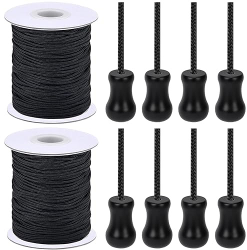 SAYAYA 2 Roll 1.8mm Braided Nylon Lift Shade Cord with 8 Pieces Wood Pendants 110 Yards Replacement Curtain String Kit for Aluminum Blinds Repair, Roman Shades, Gardening & DIY Craft Projects (Black)