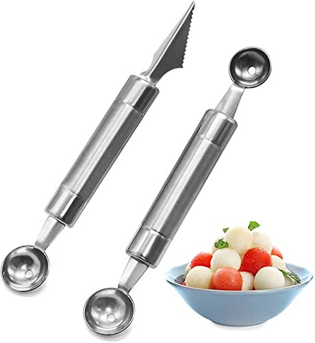 Kugelausstecher und Schnitzwerkzeug, 2 Stück Edelstahl Melonenausstecher Kugeln, Melonenlöffel, Watermelon Cutter, Ananasschneider, Küchengeräte Obstschnitzmesser für Salate Eiscreme Obst und Gemüse
