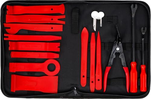 BGS DIY 91326 | Verkleidungs-Demontagekeil-/Zierleistenkeile-Satz | 19-TLG. | 11 glasfaserverstärkte Kunststoff-Demontagewerkzeuge | Türverkleidungs-Lösezange | Radio-Ausziehhaken | Reißverschlusstasche