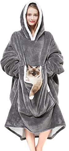 Cozystar Wearable Blanket Hoodie with Giant Pocket （Pet Won't Leave） Extra Soft Sherpa Fleece Thick Warm ＆ Cozy Oversized Sweatshirt Blanket Jacket with Sleeves-Grey