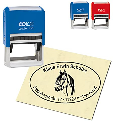 Adressstempel personalisiert Stempel - Pferd Kopf - oval 59 x 39 mm Automatikstempel als Firmenstempel Namensstempel Bürostempel
