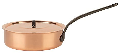 Cuisine Romefort | Sartén de cobre estañado con mango de hierro fundido y tapa de 24 cm de diámetro | sartén tradicional de cobre macizo | sartén de Francia con borde alto (24 cm).