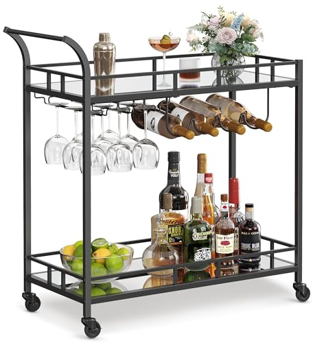 VASAGLE Bar Cart Black, Home Bar Serving Cart, Wine Cart with 2 Mirrored Shelves, Wine Holders, Glass Holders, for Kitchen, Dining Room, Black ULRC090B62