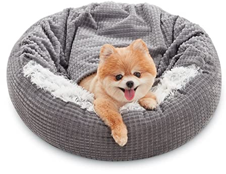 MIXJOY Kleines Hundebett mit Decke, rundes Donut-Anti-Angst, beruhigendes Hundebett für kleine Hunde, weiches Plüsch, rutschfeste Unterseite, 58.4 cm