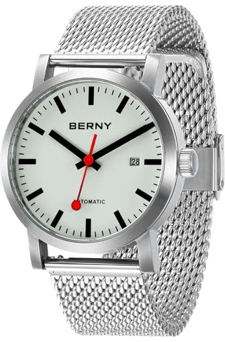 BERNY Classic Automatic Watch for Men Mechanical Self Wind Wristwatch Stainless Steel Strap 5ATM Waterproof Luminous