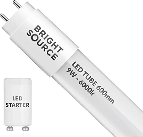 Bright Source 2ft (589mm) 9w LED T8 Tube, 810lm, 6000K Daylight White, Replacement for 18w T8 Fluorescent, Starter Included - Direct Mains or for use with Switch Start Fitting with Magnetic Ballast