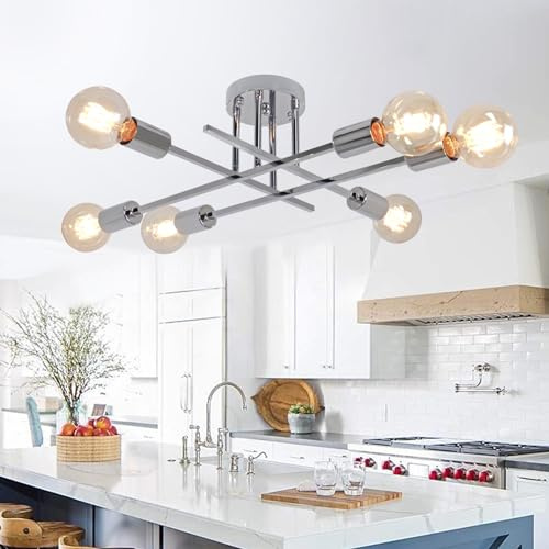 Rviezza Moderne Deckenlampe Silber Kronleuchter, Deckenleuchte Chrom Industrielle Deckenlampe 6 Flammig mit E27 Basis, Metall Silber Deckenleuchten Wohnzimmer, Schlafzimmer, Küche, Esszimmer