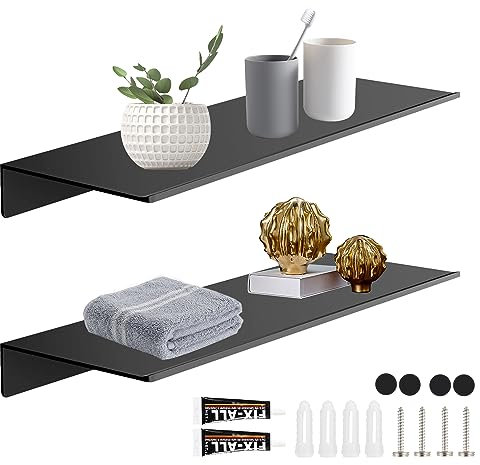 ZIOYA 2 Stück Wandregal Schwarz Hängeregal Bilderleiste Wandboard Schwebendes Regal Legierung Regalbrett mit 4 Schrauben 2 Kleber für Küche Büro Wohnzimmer Aufbewahrung Dekoration (L30 x B11.5cm