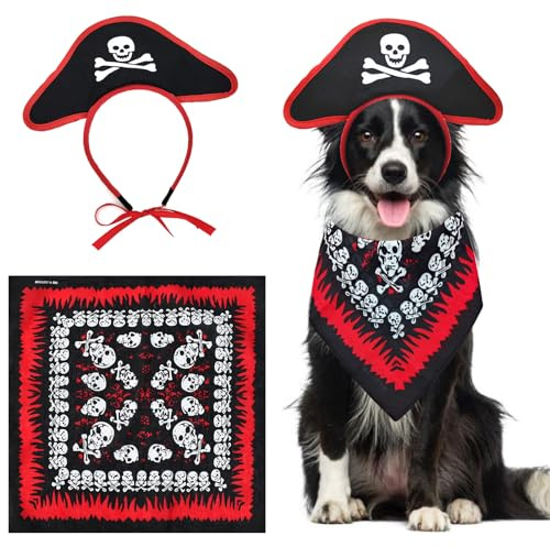2 Stück Haustier-Piratenkostüm, Halloween-Hundekostüm, Totenkopf, Bandana, Piratenhut, Stirnband, Welpen, Kapitänskappe, Fluch der Karibik, lustig, Halloween-Outfits, Zubehör für mittelgroße und große