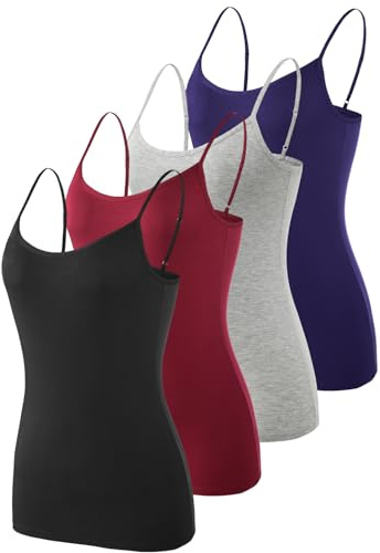Knuffnee 4 Pack Womens Camisole Adjustable Spaghetti Strap Tank Tops Basic Undershirt Cami Tops Dark Blue/Grey/Wine Red/Black S