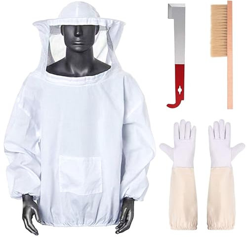 ZONSUSE Imker Schutzanzug mit Handschuhen und Bienenstockwerkzeugen, Edelstahl J Haken Rahmenheber und Schaber, Bienenstockbürsten, Professionelle Imkereiausrüstung für Hinterhof und Ranch