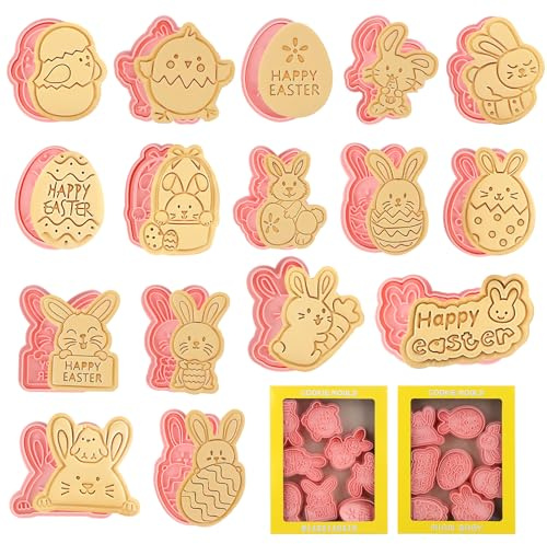 Aubess 16 Pieces Easter Cookie Cutters, 3D Cartoon Animal Shape Cookie Cutters, PP Material Easter Cookie Cutters and Stamps for Cookies, Biscuits, Cake Decoration and Easter Parties