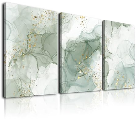 Sage Green Wall Art Set of 3,Abstract Green Wall Decor Living Room,Minimalist Modern Framed Wall Art Marble Line Beige Gold Green Canvas Artwork Paintings,Boho Room Decor,Bedroom Bathroom Office Artwork,12x16