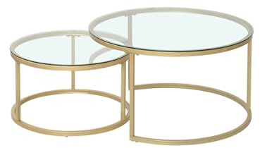 JZGORC 2er Set Couchtisch, Stapelbarer Runder Beistelltisch für Wohnzimmer, Vergoldete Metallbeine, Geeignet für Wohnzimmer, Café, Lounge (80 * 45 cm und 60 * 35 cm) – Glas Gold