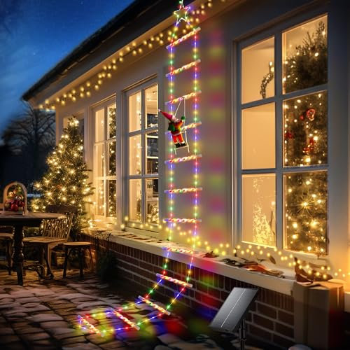 GEARLITE Weihnachtsbeleuchtung Außen, 4M Weihnachtsdeko Solar Leiter Leuchten mit Weihnachtsmann, Zwei Lademodi & 10 Lichtmodi Solar Lichterketten Außen, IP65 Wasserdicht Weihnachten Deko Solarlampen